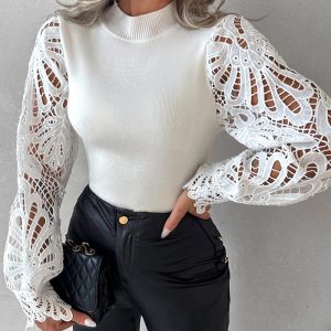 Hollow Out Lace Patch Knit Sweater, Sweaters & Cardigans, chicme - Women's Fashion Online