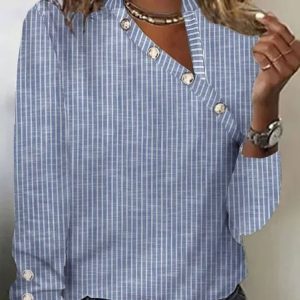 Buttoned Detail Casual Asymmetrical Neck T-Shirt, T-shirts, color:Blue|size:XXL, Noracora