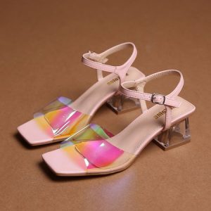 Colorful PVC Square Toe Transparent Crystal Block Heel Sandals, Sandals, color:Pink|size:41, Stylewe