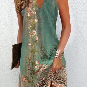 Women's Floral Sleeveless Summer Buckle Dress Daily Casual Mini Tank H-Line Dress, JustFashionNow Dresses, color:Multicolor|size:XXL,