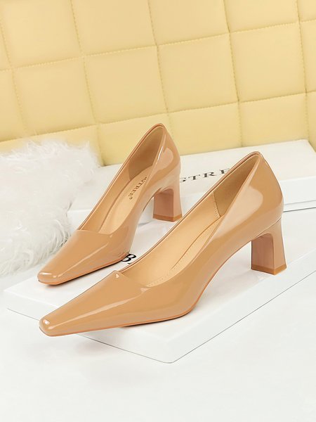 Women Minimalist Chunky Heel Patent Leather Shallow Pumps, Heels, color:Nude|size:40, Stylewe