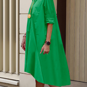 Urban Loose Shirt Collar Three Quarter Plain Midi Shirt Dress, Midi Dresses, color:Green|size:XXL, Stylewe