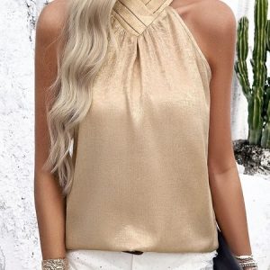 Halter Sleeveless Plain Regular Loose Shirt For Women, Tanks & Camis, color:Apricot|size:XL, Noracora