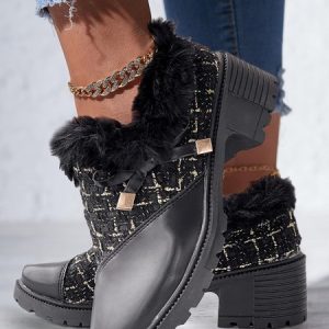 Elegant Plaid Wearable Slip On Block Heel Deep Mouth Shoes Bow, Flats/Loafers, color:Black|size:42, Noracora