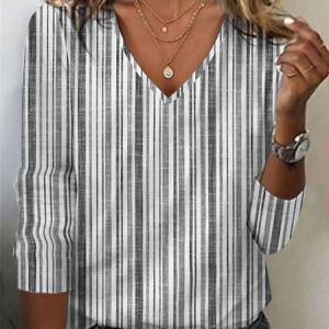 Casual Striped V Neck Long Sleeve T-shirt, T-shirts, color:Gray|size:XXL, Noracora