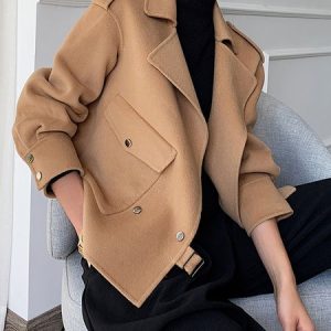 Long sleeve Simple Shawl Collar Loose Jacket, Jackets, color:Camel|size:XXL, Stylewe