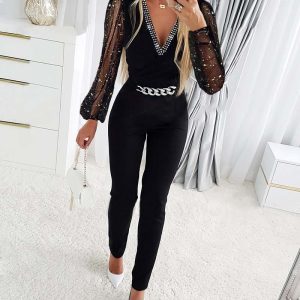 Chain Decor Contrast Mesh Long Sleeve Jumpsuit, Jumpsuits, chicme - Women's Fashion Online