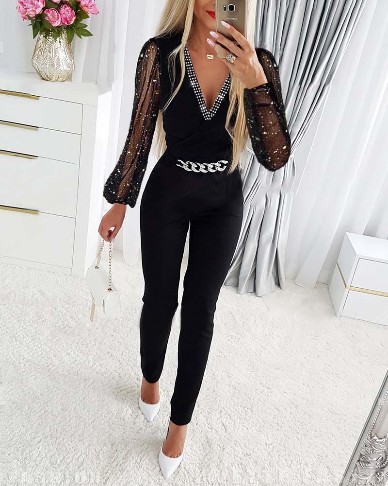 Chain Decor Contrast Mesh Long Sleeve Jumpsuit, Jumpsuits, chicme - Women's Fashion Online