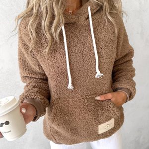 Pocket Design Drawstring Teddy Hoodie, Sweats & Hoodies, chicme - Women's Fashion Online