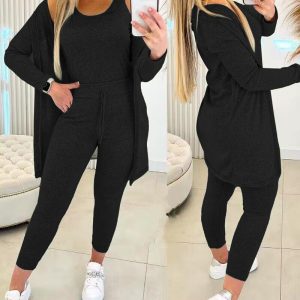 3PCS Round Neck Tank Top & Drawstring Pants Set With Coat, Two-piece Sets, chicme - Women's Fashion Online