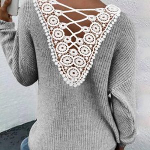 V-Neck Contrast Lace Criss Cross Knit Sweater, Sweaters & Cardigans, chicme - Women's Fashion Online