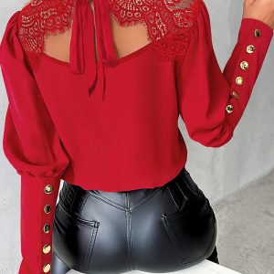 Eyelash Lace Patch Tied Detail Top, Blouses & Shirts, chicme - Women's Fashion Online