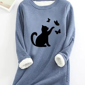 Women Black Cat Simple Warmth Fleece Sweatshirt, Hoodies&Sweatshirts, Lilicloth.com