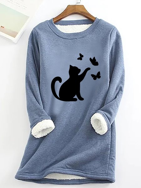 Women Black Cat Simple Warmth Fleece Sweatshirt, Hoodies&Sweatshirts, Lilicloth.com