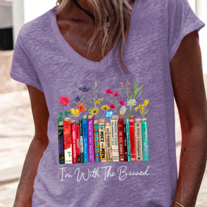 Women's I'm With The Banned Flowers Book Lover Gift Regular Fit V Neck Floral Casual T-Shirt, T-shirts, Lilicloth.com