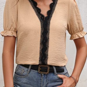 V Neck Short Sleeve Color Block Lace Regular Loose Shirt For Women, Blouses, color:Apricot|size:XL, Noracora