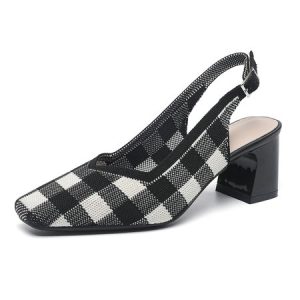 Elegant Plaid Breathable Mesh Fabric Chunky Heel Slingback Pumps, Heels, color:Black|size:43, Stylewe