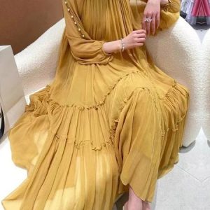 Elegant Beaded Plain Crew Neck Maxi Dress, Maxi Dresses, color:Yellow|size:XXL, Stylewe