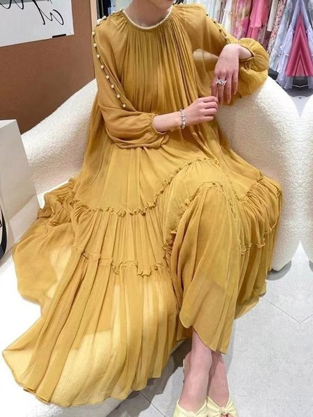 Elegant Beaded Plain Crew Neck Maxi Dress, Maxi Dresses, color:Yellow|size:XXL, Stylewe