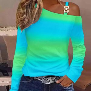 Ombre Cold Shoulder Long Sleeve Top, T-shirt & Tees, chicme - Women's Fashion Online