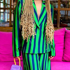 Urban Lapel Collar Striped Long Sleeve Loosen Blazer, Blazers, color:Green|size:XXL, Stylewe