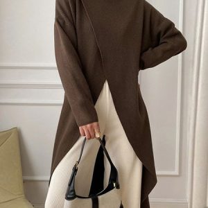 Plain Urban Turtleneck Split Asymmetrical   Sweater, Pullovers, color:Brown|size:XXL, Stylewe