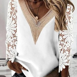 Crochet Lace Patch V-Neck Top, T-shirt & Tees, chicme - Women's Fashion Online