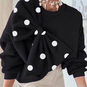 Daily Casual Bow Polka Dots Loose Sweatshirt, Hoodies and Sweatshirts, color:Black|size:XXL, Stylewe