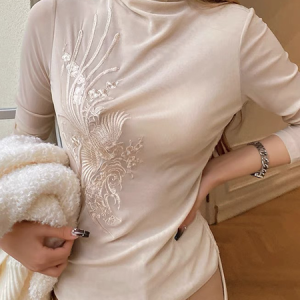 Medium Elasticity Turtleneck Long Sleeve Elegant T-Shirt, Tees, color:Apricot|size:XXL, Stylewe