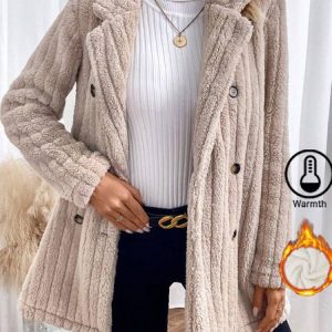 Women's Plain Fleece Loose Teddy Jacket, Coats, color:Apricot|size:XXL, Noracora
