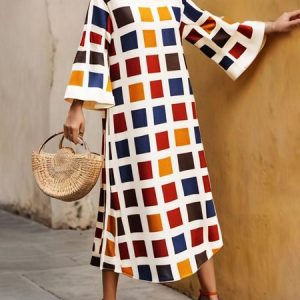 Crew Neck Geometric Loose Urban Dress, Maxi Dresses, color:Multicolor|size:XXL, Stylewe