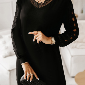 Women Plain V Neck Long Sleeve Comfy Casual Lace Midi Dress, Dresses, color:Black|size:XL, Noracora