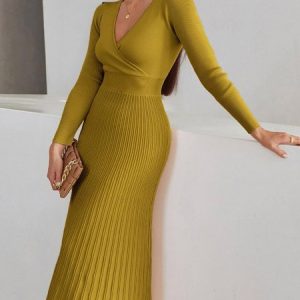Elegant V Neck Plain Regular Fit Sweater Dress, Midi Dresses, color:Yellow|size:XXL, Stylewe