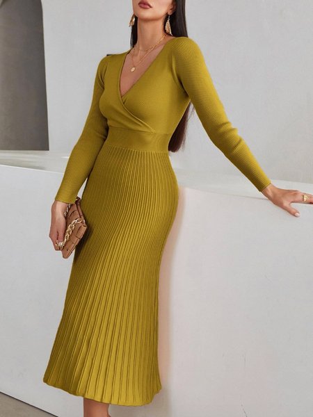 Elegant V Neck Plain Regular Fit Sweater Dress, Midi Dresses, color:Yellow|size:XXL, Stylewe