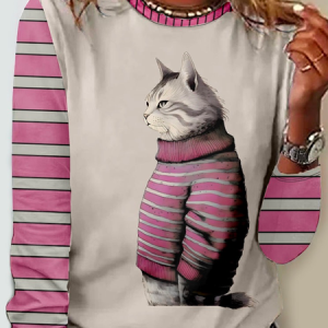 Striped Cat Casual Crew Neck Long Sleeve Shirt, Long sleeves, Lilicloth.com
