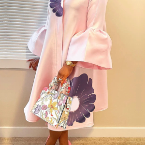 Loose Elegant Stand Collar Floral Three Quarter Sleeve Midi Dress, Midi Dresses, color:Pink|size:XXL, Stylewe