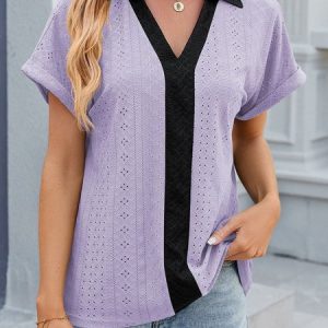 Shawl Collar Short Sleeve Color Block Regular Micro-Elasticity Loose Shirt For Women, Blouses, color:Purple|size:XXL, Noracora