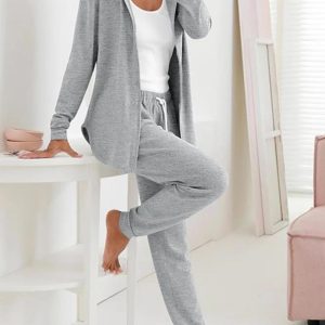 2 Pieces Outfit Long Sleeve Zip Up Curved Hem Hoodie Coat and Casual Drawstring Elastic Waist Cuffed Pants Set, women Two-piece Sets, ChicMe catalog