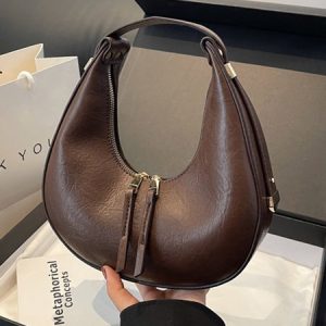 Minimalist Crescent Moon Bag Double Zipper Underarm Bag, Bags, color:Coffee|size:One-size, Stylewe