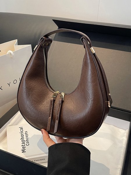 Minimalist Crescent Moon Bag Double Zipper Underarm Bag, Bags, color:Coffee|size:One-size, Stylewe