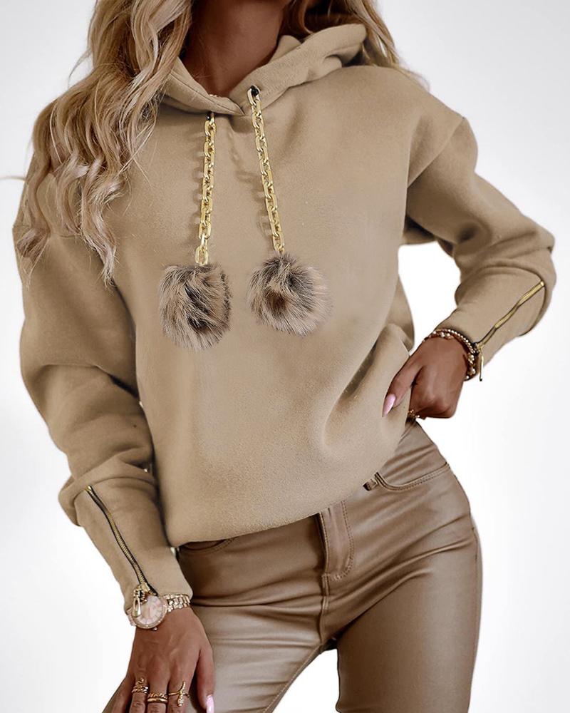 Pom Pom Decor Zip-up Long Sleeve Hoodie, Sweats & Hoodies, ChicMe catalog