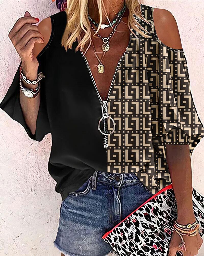 Geometric Print Zip Front Cold Shoulder Top, Blouses & Shirts, chicme - Women's Fashion Online