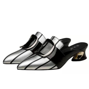 Summer Geometric Casual Pu Slide Sandals, Heels, color:Silver|size:40, Stylewe