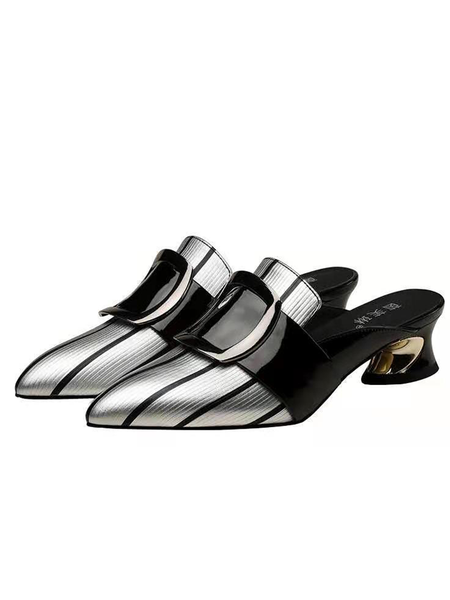 Summer Geometric Casual Pu Slide Sandals, Heels, color:Silver|size:40, Stylewe