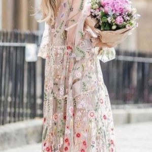 Women Floral Crew Neck Three Quarter Sleeve Comfy Boho Midi Dress, Dresses, color:White|size:XXL, Noracora