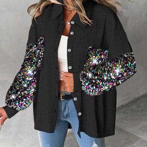 Contrast Sequin Waffle Knit Shacket, Jackets & Coats, chicme - Women's Fashion Online