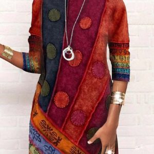 Women Geometric Crew Neck Long Sleeve Comfy Casual Short Dress, Dresses, color:Red|size:3XL, Noracora