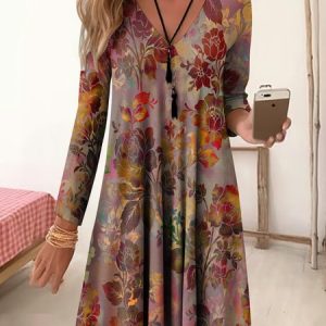 Casual Loose V Neck Floral Dress, Dresses, Lilicloth.com