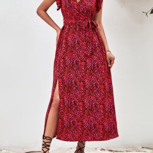 Women Small Floral V Neck Short Sleeve Comfy Casual Midi Dress, Vacation Dresses, color:Red|size:XL, Noracora