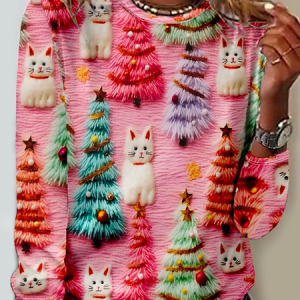 Pink Funny Cat Regular Fit Crew Neck Casual Long Sleeve Shirt, Long sleeves, Lilicloth.com